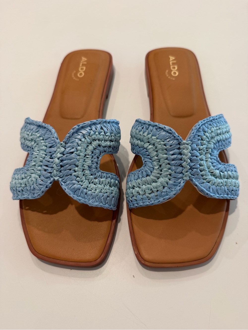 ALDO Blue Braided Slide Sandals with Tan Footbed Raffia woven size 9 coastal